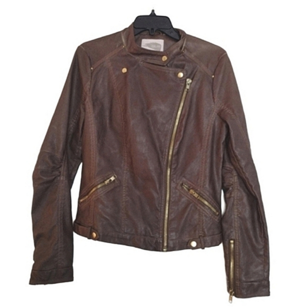 Forever 21 Chic Faux Leather Zip Up Moto Jacket in Brown Size Medium
